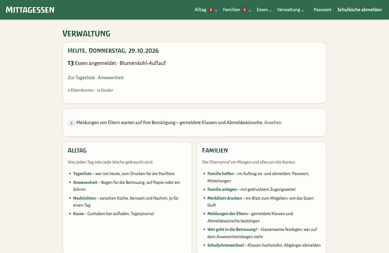 Oberer Teil der Startseite mit der Tageszahl und den Bereichen Alltag und Familien