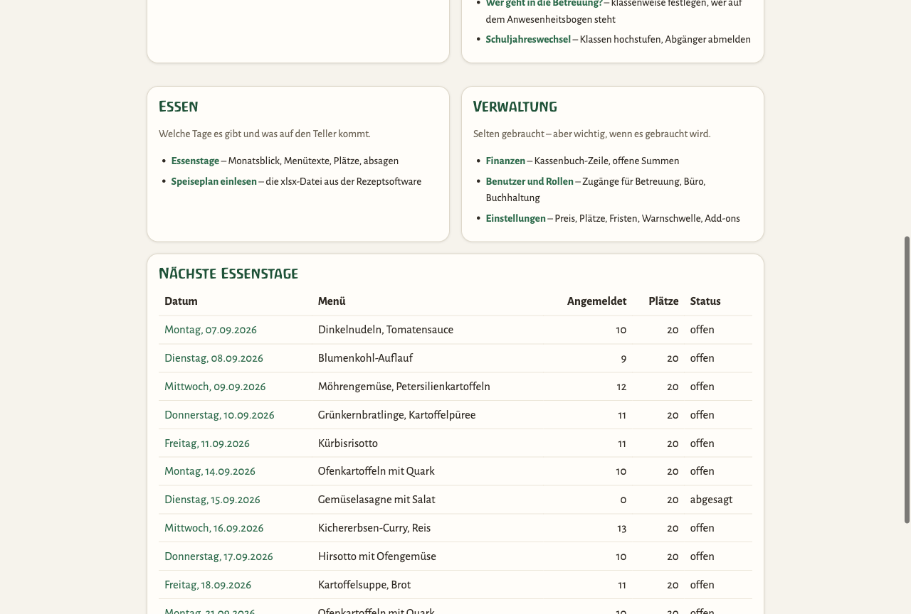 Unterer Teil der Startseite mit den Bereichen Essen und Verwaltung und der Liste der nächsten Essenstage