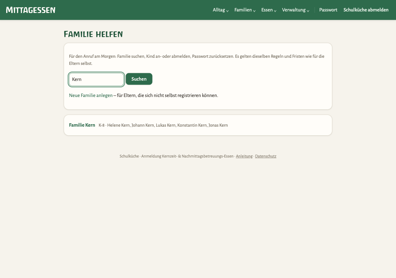 Familienseite mit Guthaben, Passwort-Knopf und Aufklappern