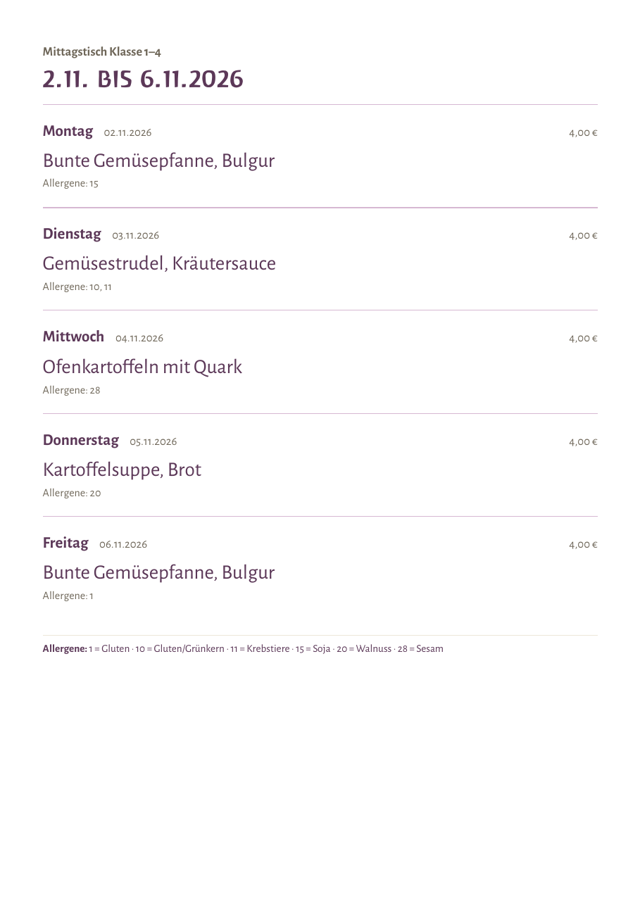 Ein gedrucktes Blatt des Mittagstischs für eine Woche mit Allergenzeile unten