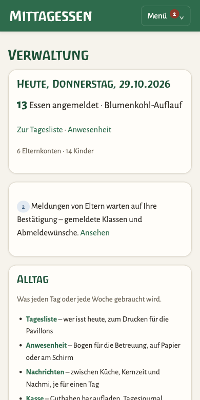 Startseite der Schulküche auf einem Telefon, Menü zugeklappt