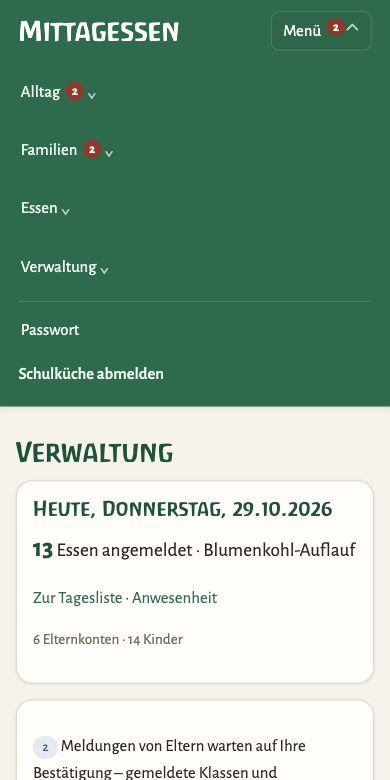Aufgeklapptes Menü auf dem Telefon mit den vier Bereichen