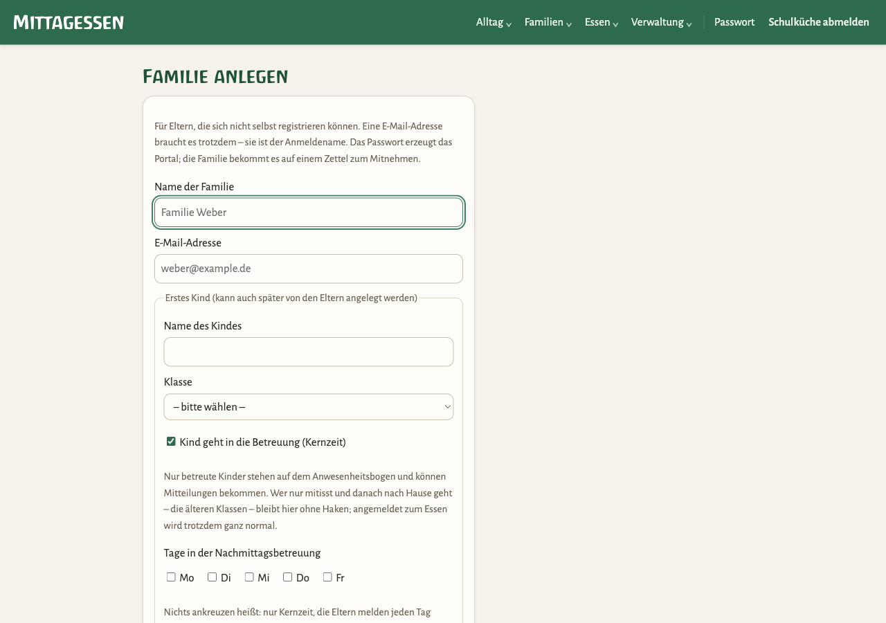 Formular Familie anlegen mit Feldern für Familie und erstes Kind