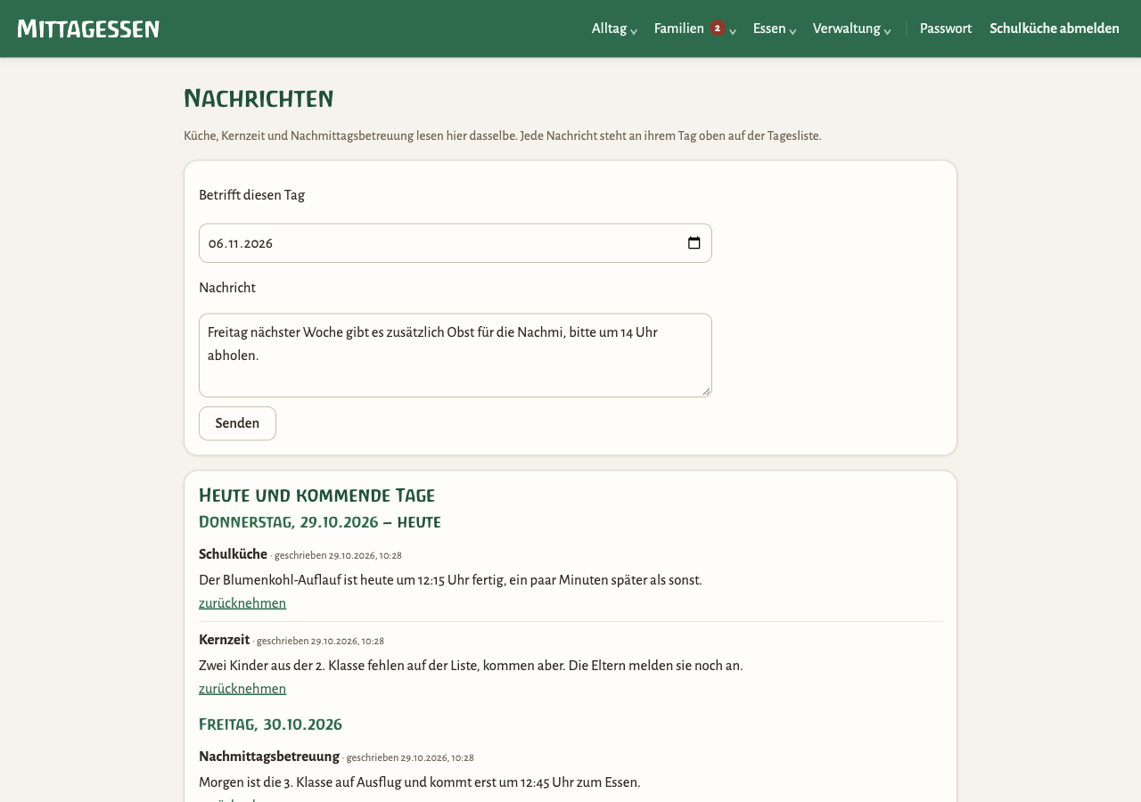 Seite Nachrichten mit Datumsfeld, Textfeld und den Nachrichten nach Tagen