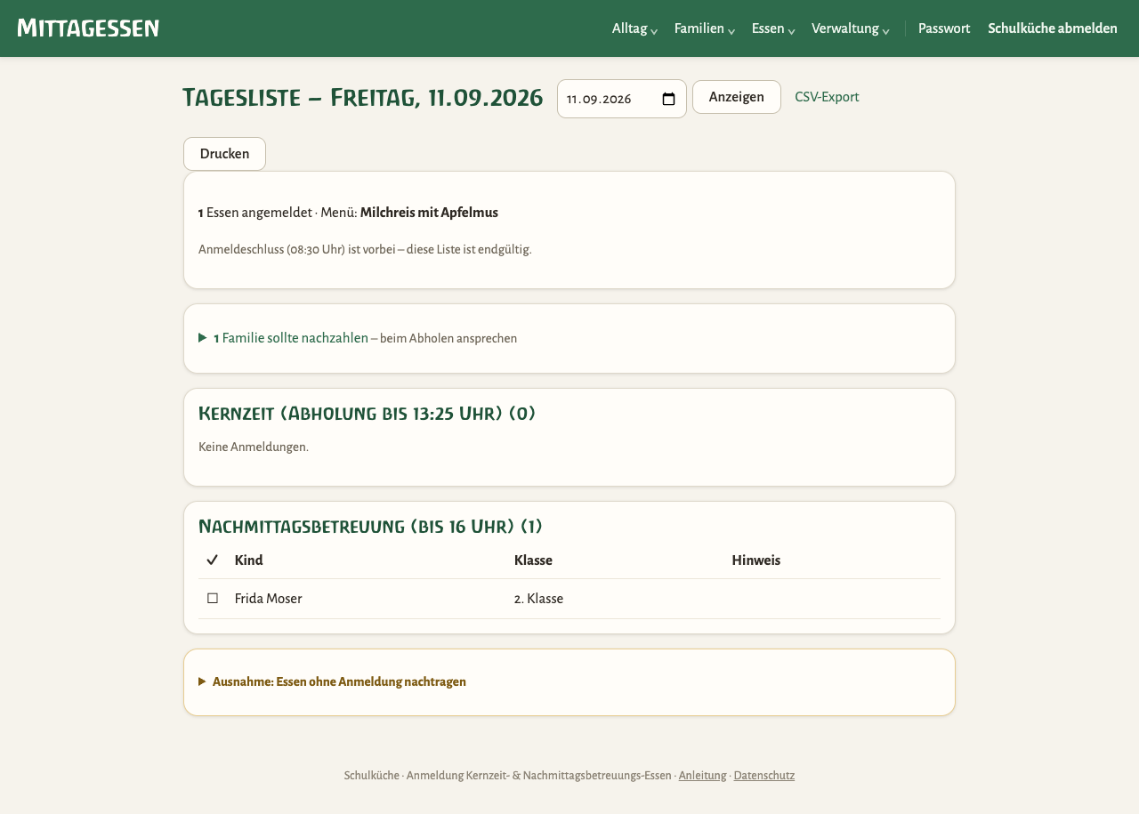 Tagesliste des heutigen Tages aufrufen (dieselbe Liste, die für die Pavillons gedruckt wird).
